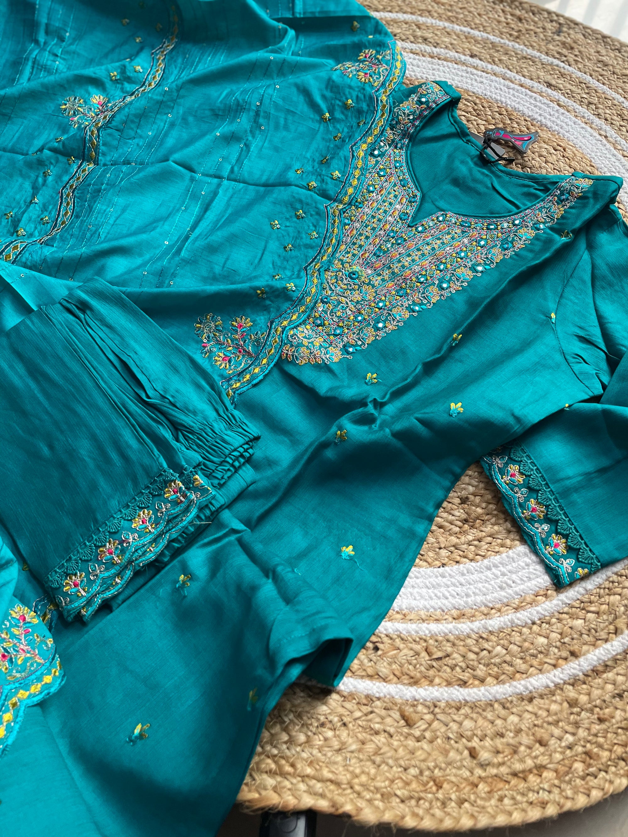 Teal Matka Silk Kurti Set with Zari and Resham Work