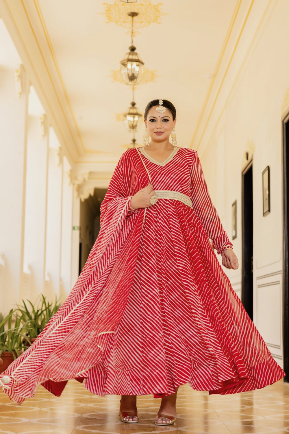 Plus Size Red Lehriya Floor-Length Anarkali Kurta with Flared Design