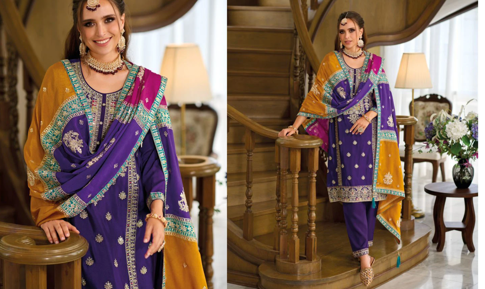 Heavy Chinon Embroidered Suit Set with Silk Pants and Embroidered Dupatta