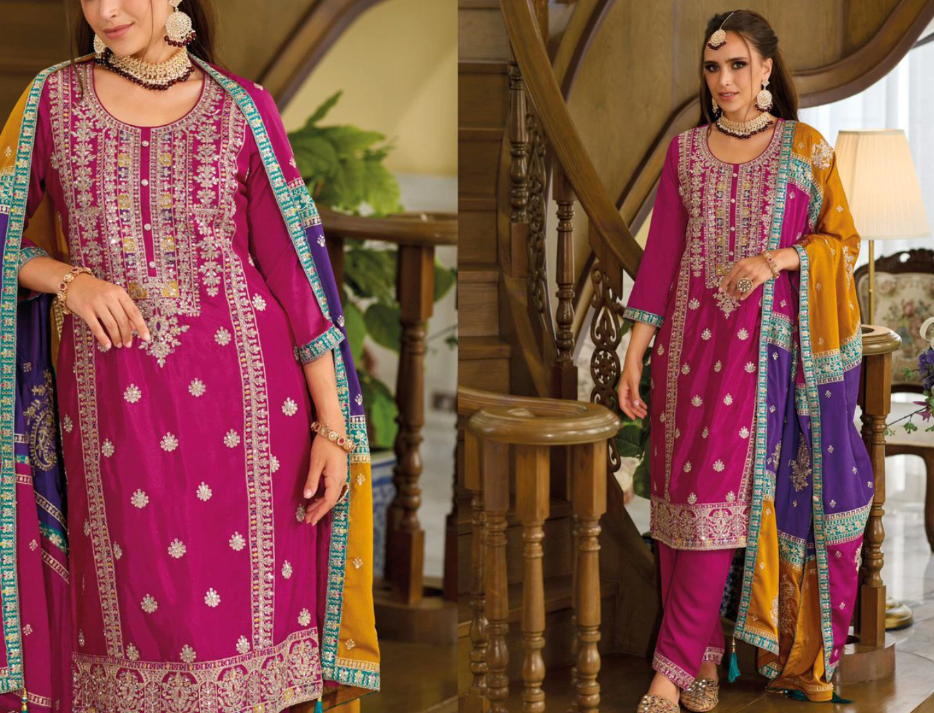 Heavy Chinon Embroidered Suit Set with Silk Pants and Embroidered Dupatta