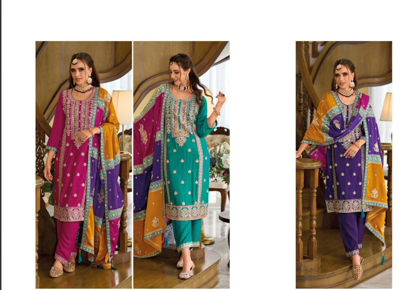 Heavy Chinon Embroidered Suit Set with Silk Pants and Embroidered Dupatta