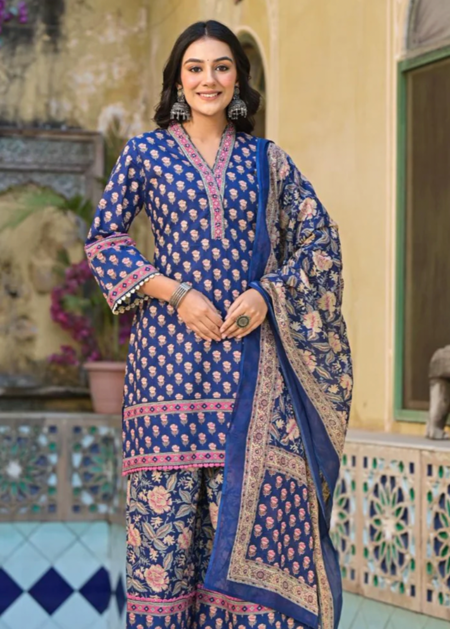 Royal Blue Cotton Printed Suit Set