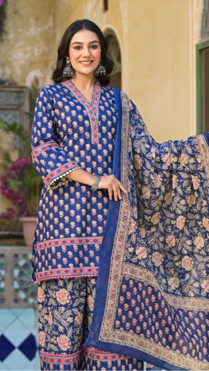 Royal Blue Cotton Printed Suit Set