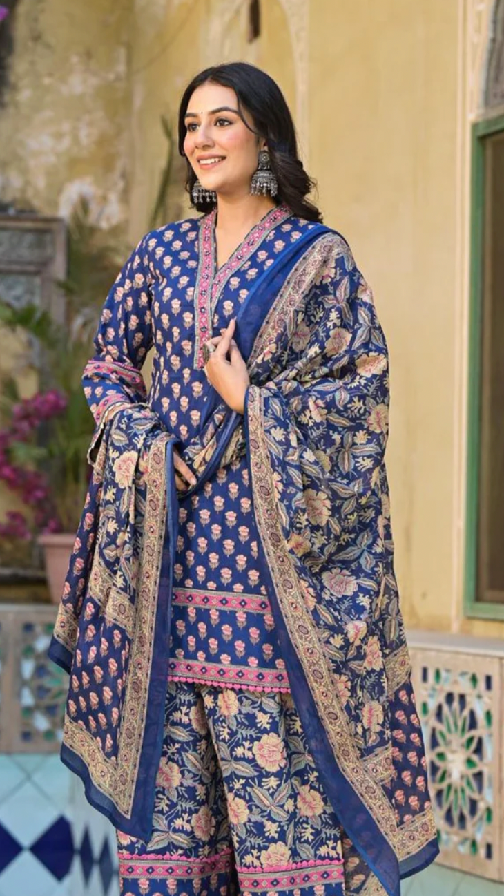 Royal Blue Cotton Printed Suit Set