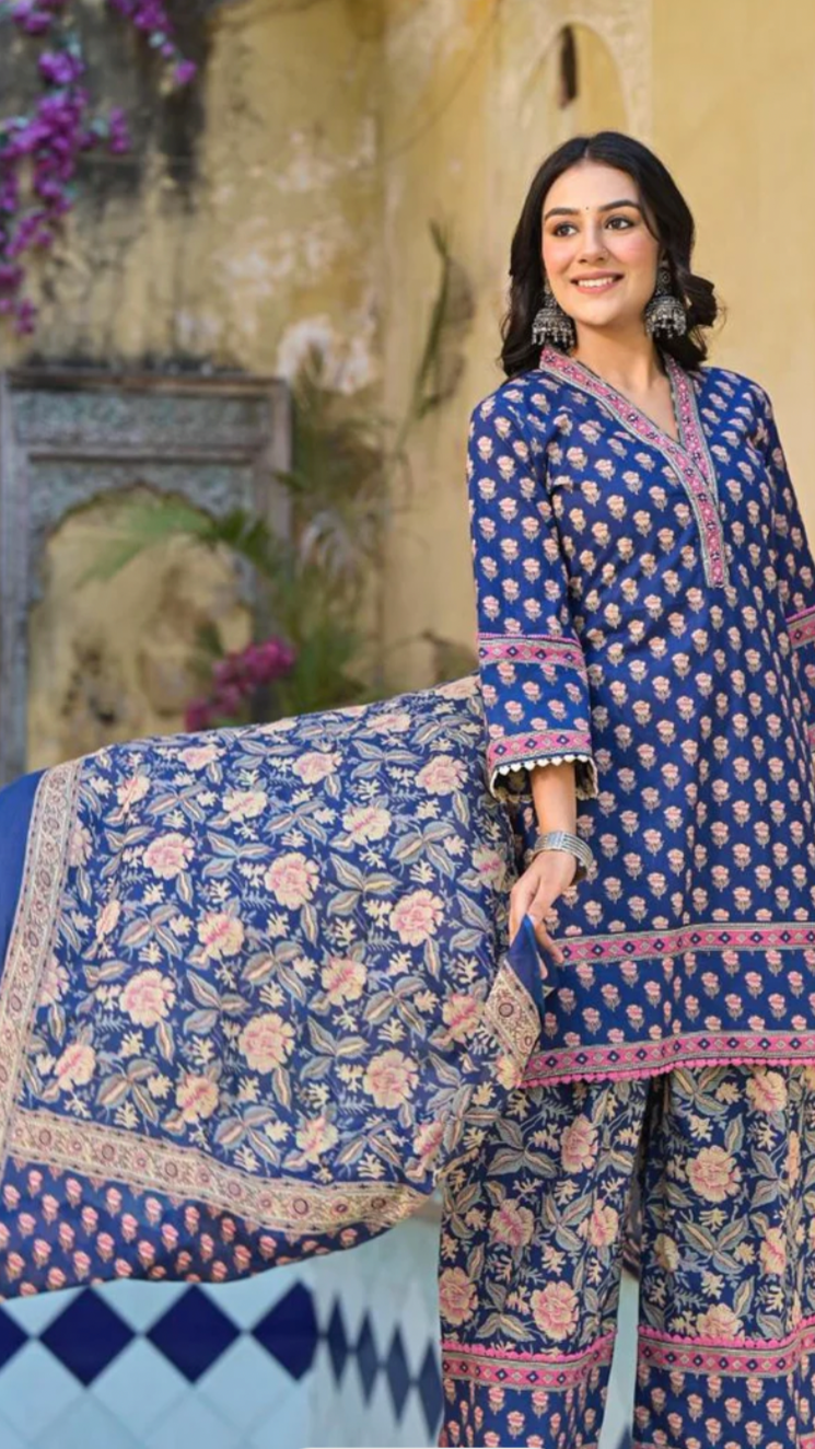 Royal Blue Cotton Printed Suit Set