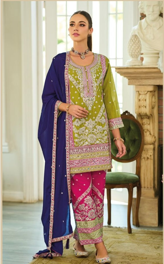 Chinon Embroidered Suit with Contrasting Dupatta