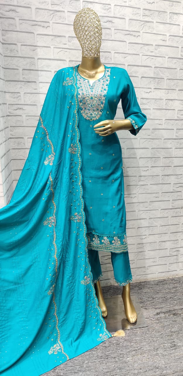 Teal Matka Silk Kurti Set with Zari and Resham Work