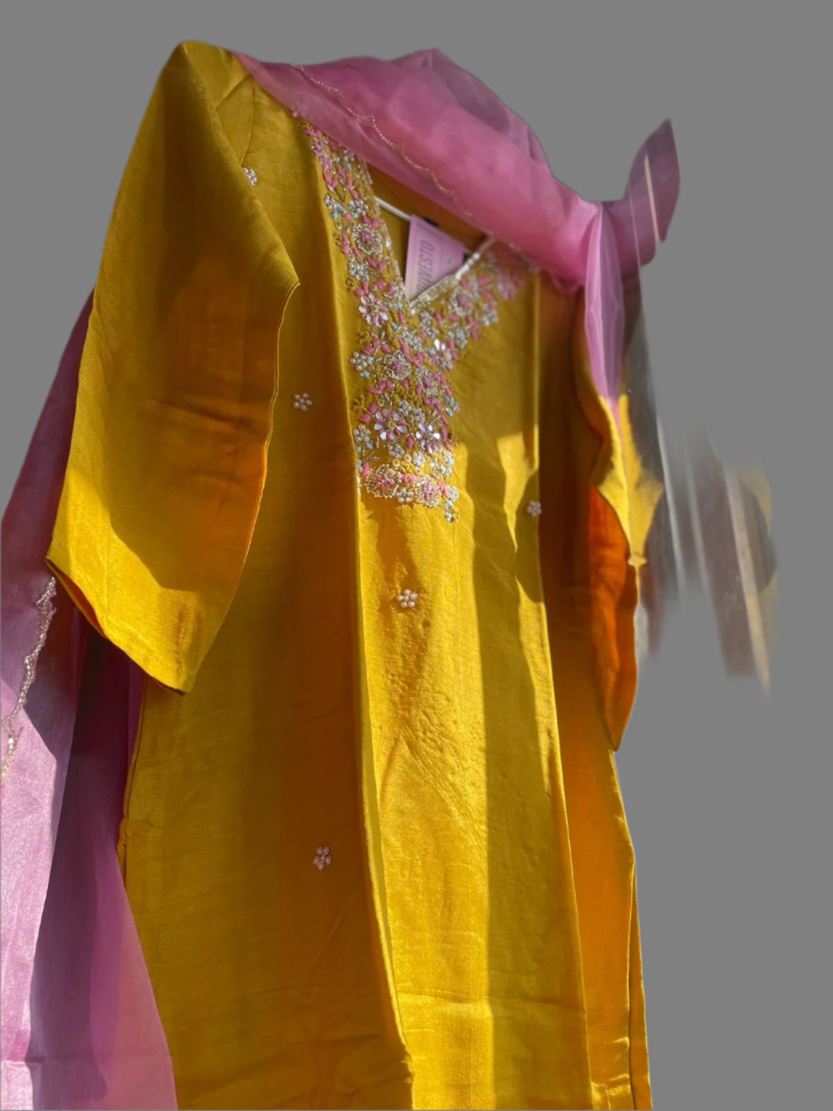 Mustard Yellow  Dola Silk Suit Set with Handwork & Organza Dupatta