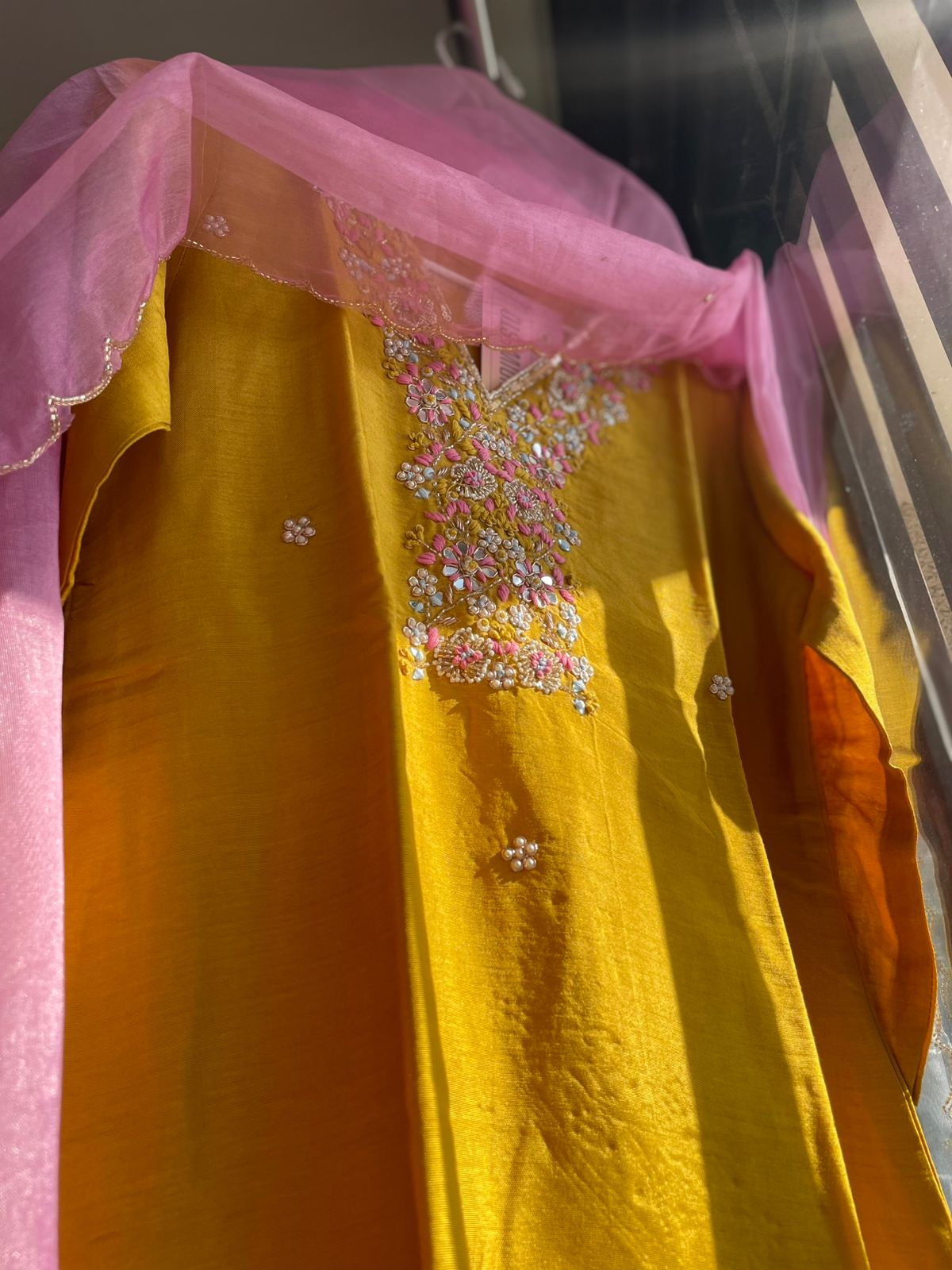 Mustard Yellow  Dola Silk Suit Set with Handwork & Organza Dupatta