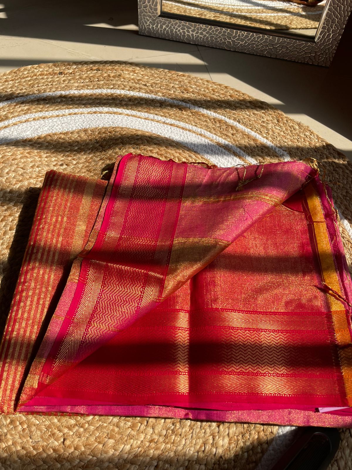 Elegant Maheshwari Tissue Silk Saree with Rich Zari Border