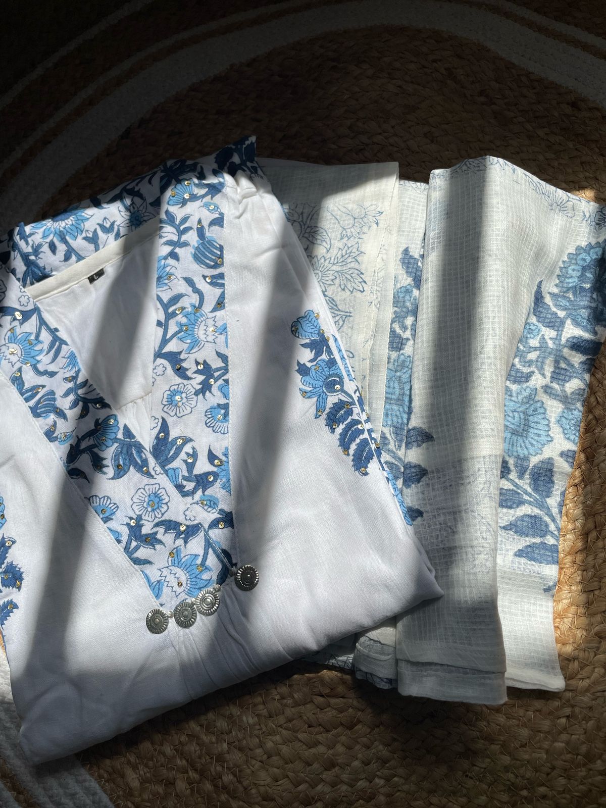 White Blue Pure Cotton Hand Block Printed Suit Set with Kora Dupatta